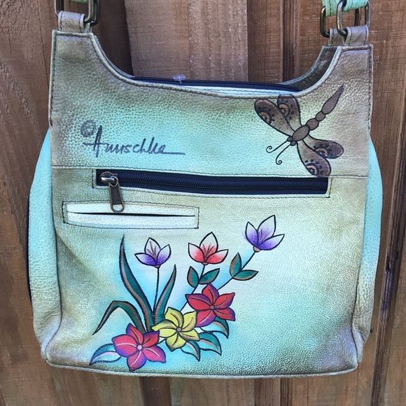 Anuschka Handpaint Leather Satchel Zip Around Shoulder Bag Floral EUC - Picture 6 of 13
